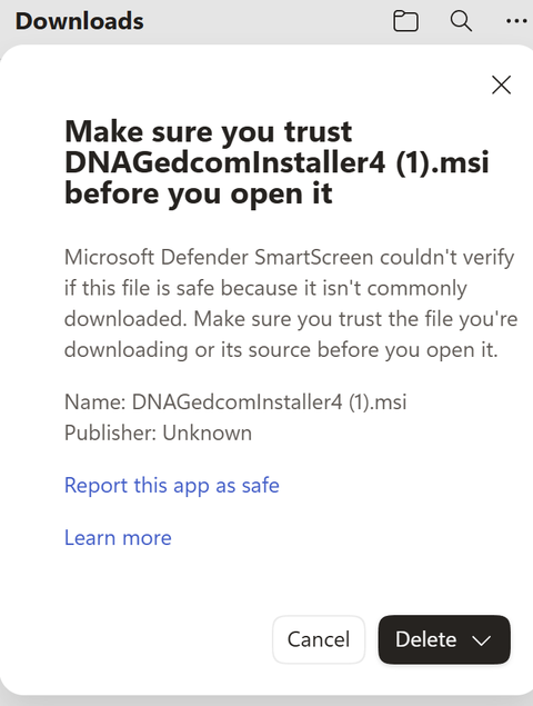 Edge SmartScreen takeover panel showing Cancel and Delete buttons