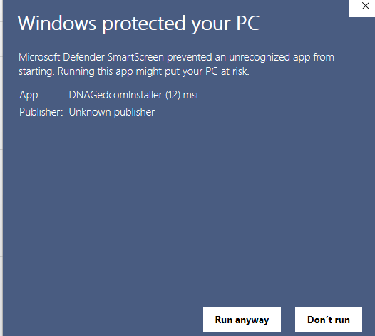 SmartScreen dialog after clicking More info, showing the Run anyway button